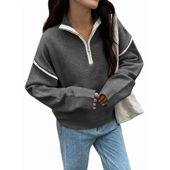 Womens Quarter Zip Pullover Sweaters Casual Collared V Neck Color Block Long Sleeve Loose Knit Fall Sweater Dark Gray S