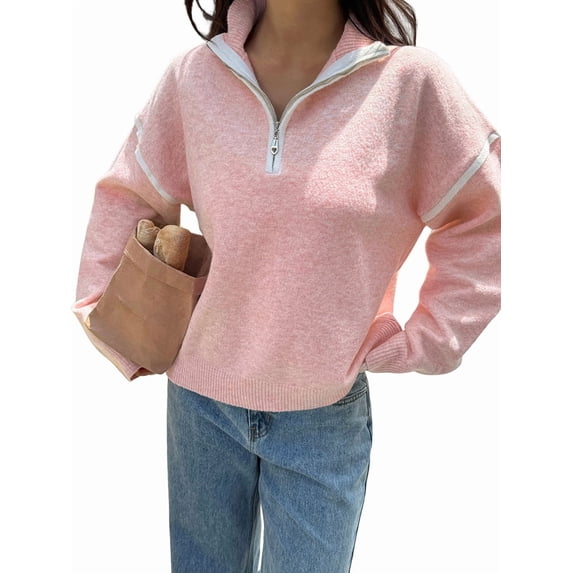 Womens Quarter Zip Pullover Sweaters Casual Collared V Neck Color Block Long Sleeve Loose Knit Fall Sweater Pink M