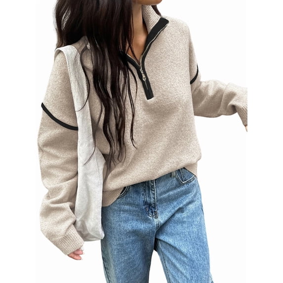 Womens Quarter Zip Pullover Sweaters Casual Collared V Neck Color Block Long Sleeve Loose Knit Fall Sweater White XL