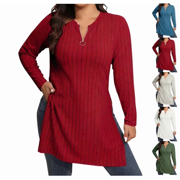 Womens Quarter Zip Pullover Sweaters Long Sleeve Casual Loose V Neck Collared Jumper Tops Ribbed Knit Sweatshirts Red L