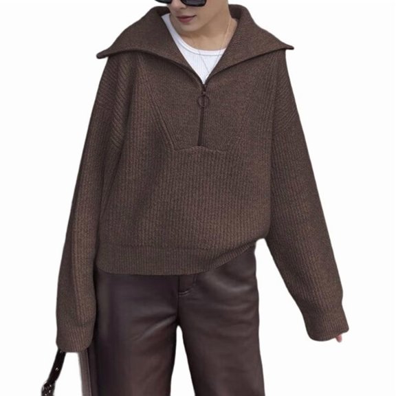 Womens Quarter Zip Pullover V Neck Collar Long Sleeve Ribbed Knit Loose Casual 2025 Winter Fall Sweater Coffee Color M