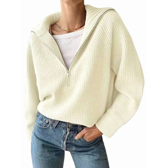 Womens Quarter Zip Pullover V Neck Collar Long Sleeve Ribbed Knit Loose Casual Winter Fall Sweater Apricot M