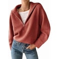 thumbnail image 1 of Womens Quarter Zip Pullover V Neck Collar Long Sleeve Ribbed Knit Loose Casual Winter Fall Sweater Copper Red L, 1 of 9