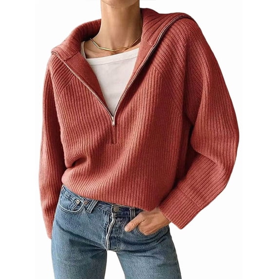 Womens Quarter Zip Pullover V Neck Collar Long Sleeve Ribbed Knit Loose Casual Winter Fall Sweater Copper Red L