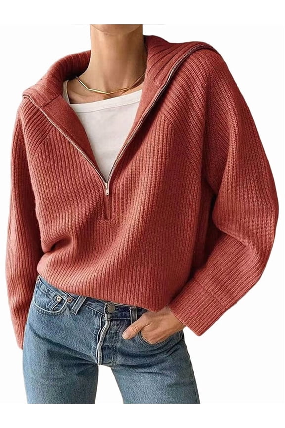 Womens Quarter Zip Pullover V Neck Collar Long Sleeve Ribbed Knit Loose Casual Winter Fall Sweater Copper Red M