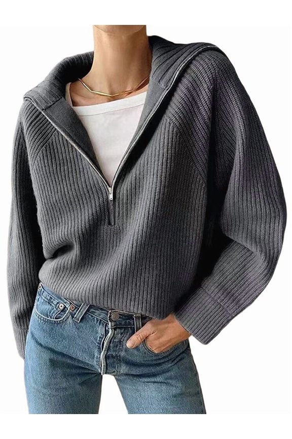 Womens Quarter Zip Pullover V Neck Collar Long Sleeve Ribbed Knit Loose Casual Winter Fall Sweater Gray L