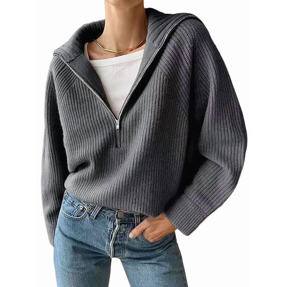 Womens Quarter Zip Pullover V Neck Collar Long Sleeve Ribbed Knit Loose Casual Winter Fall Sweater Gray S