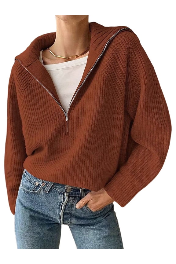 Womens Quarter Zip Pullover V Neck Collar Long Sleeve Ribbed Knit Loose Casual Winter Fall Sweater Red-Brown M