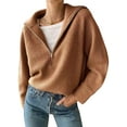 thumbnail image 1 of Womens Quarter Zip Pullover V Neck Collar Long Sleeve Ribbed Knit Loose Casual Winter Fall Sweater Red Camel S, 1 of 8