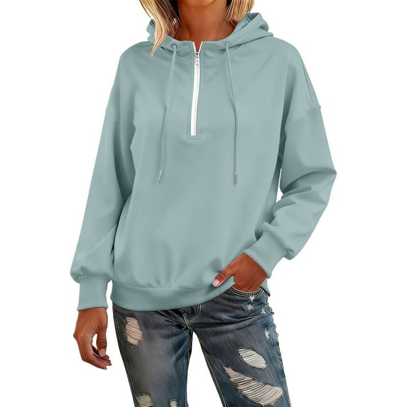 Womens Quarter Zip Pullover, Yigetop Women Hoodie Pullover Trendy Quarter Zipper Lapel Sweatshirts Cute Hooded Tops 1/4 Zip Pullover Women, Blue L