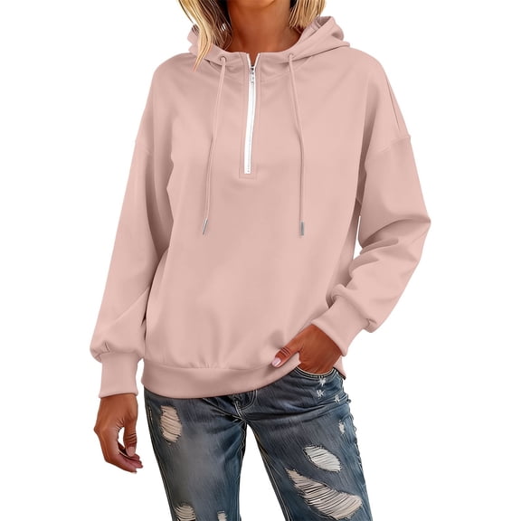 Womens Quarter Zip Pullover, Yigetop Women Hoodie Pullover Trendy Quarter Zipper Lapel Sweatshirts Cute Hooded Tops 1/4 Zip Pullover Women, Pink L