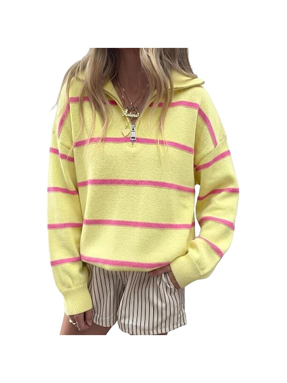 Womens Quarter Zip Striped Sweater Oversized Turtleneck Pullover Top, 2XL