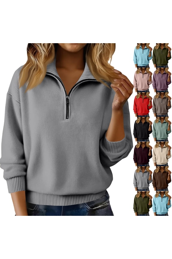Womens Quarter Zip Sweaters, Polo Collar Pullover Tops, Long Sleeve Casual Knitwear for Fall Winter Fashion 2026 Purple M