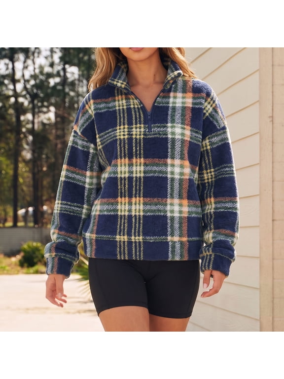 Womens Quarter Zip Sweatshirt Plaid Fleece Pullover Mock Collar Jacket,Sherpa Fuzzy Pullover Oversized Long Sleeve Sweatshirts Casual Fashion Stand Collar Coat Warm Fall Winter Tops