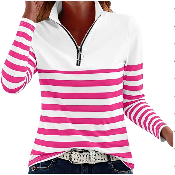 Womens Quarter Zip Sweatshirt Soft Stretch Striped Pullover Long Sleeve Stand Collar Golf Shirts Colorblock Workout Top for Fall Daily Wear, Hot Pink, XL