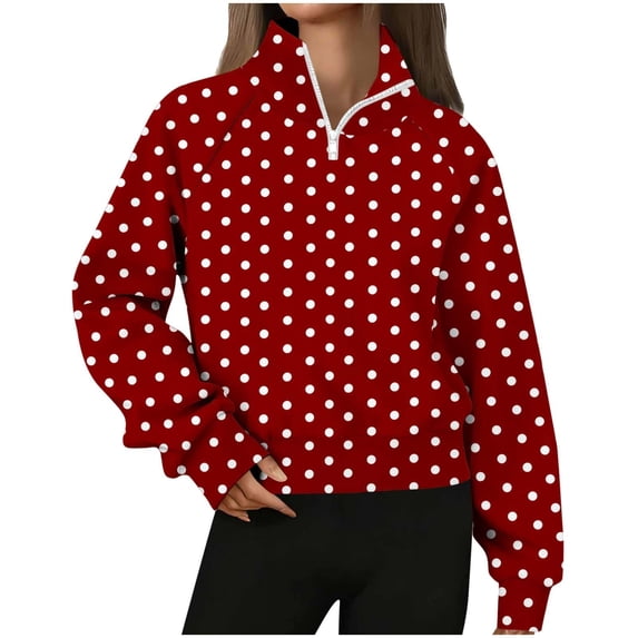 Womens Quarter Zip Sweatshirts 2026 Trendy Polka Dot Long Sleeve Stand Collar Tops Loose Fit Casual Spring Outfits