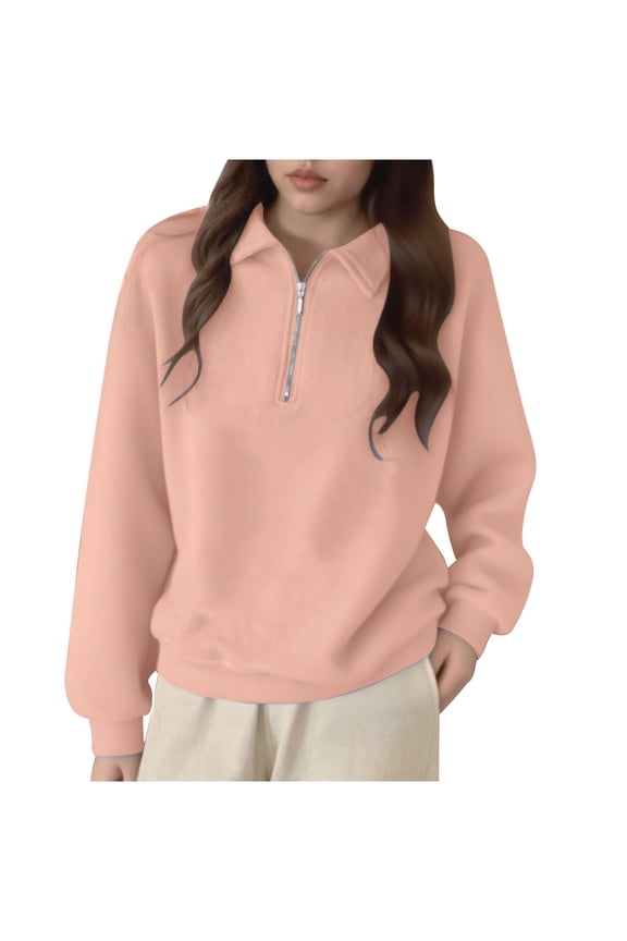Womens Quarter Zip Sweatshirts Fall Winter Casual Loose Oversized Pullover Tops Quilted V Neck Collared Tunics Pink M