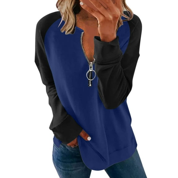 Womens Quarter Zip V Neck Long Sleeve Sweatshirts Color Block Casual Lightweight Pullover Fall Clothes for Women