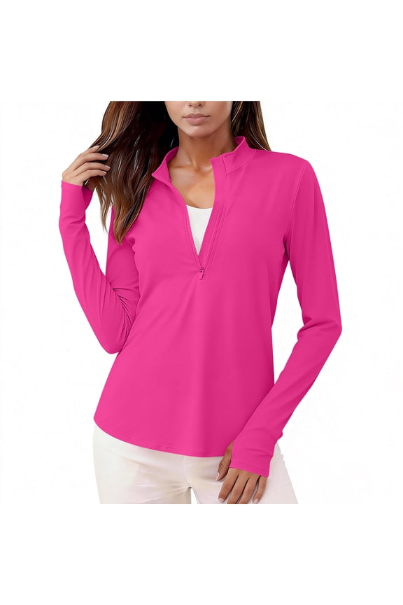 Womens Quarter Zip Workout Top Long Sleeve, Performance Athletic Shirt with Thumbholes & UPF 50+ for Running Yoga Gym, Hot Pink,Size M