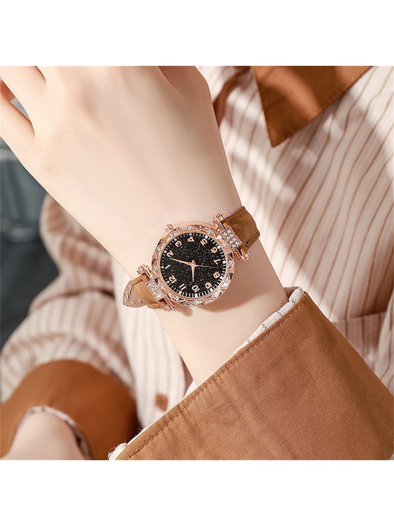Womens Quartz Wrist Watch Fashion Rhinestone Bezel Watch Round Starry Dial Watch Leather Strap Dress Watch