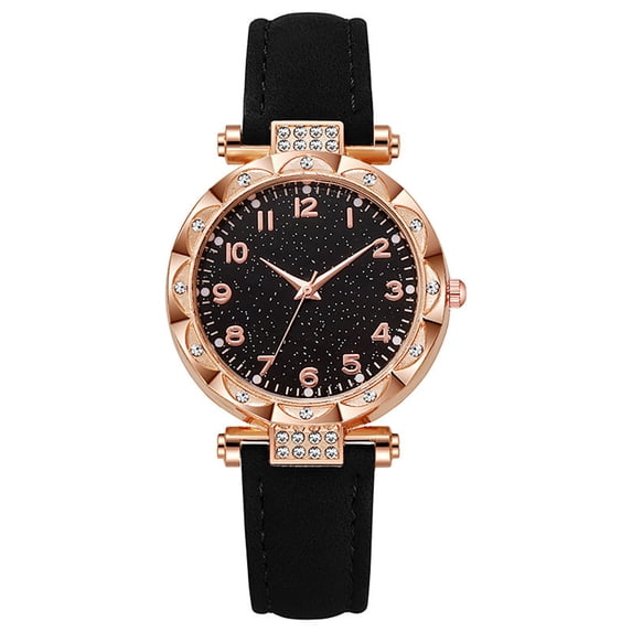 Womens Quartz Wrist Watch Fashion Rhinestone Bezel Watch Round Starry Dial Watch Leather Strap Dress Watch