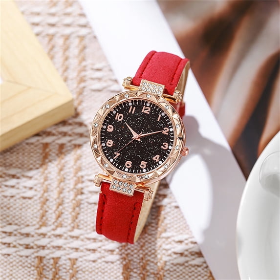 Womens Quartz Wrist Watch Fashion Rhinestone Bezel Watch Round Starry Dial Watch Leather Strap Dress Watch