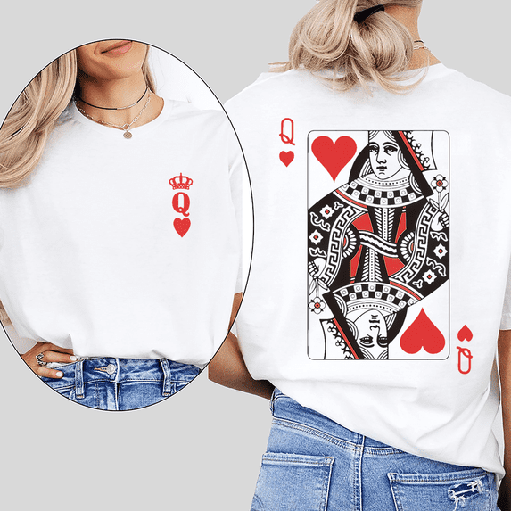 Womens Queen of Hearts Print Tshirts Vintage Playing Card Design Graphic Tees Short Sleeve Classic Shirts Casual Card Lover Tops for Holiday Outfits White,L