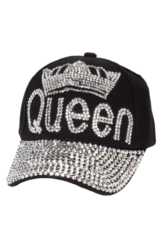 Womens Queen w/ Crown Stones Distressed Baseball Cap - Black