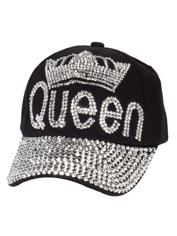 Womens Queen w/ Crown Stones Distressed Baseball Cap - Black