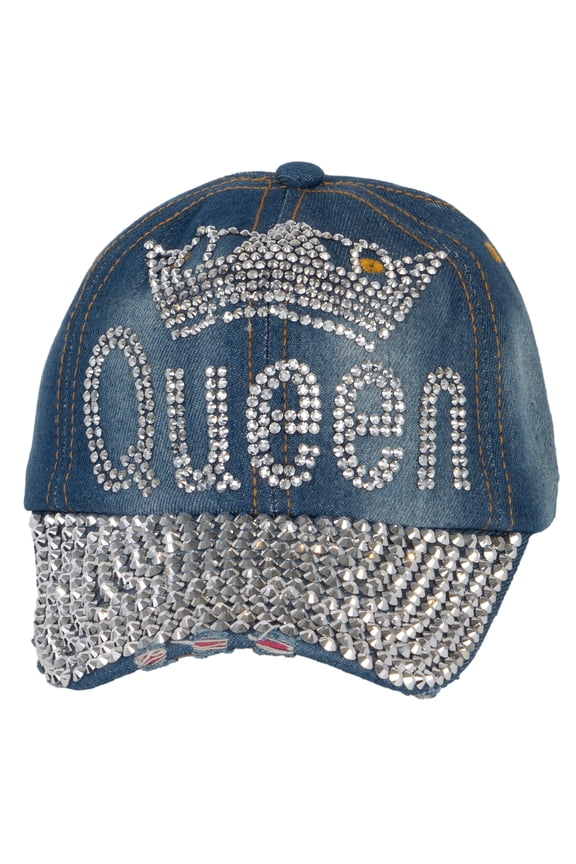 Womens Queen w/ Crown Stones Distressed Baseball Cap - Light Denim