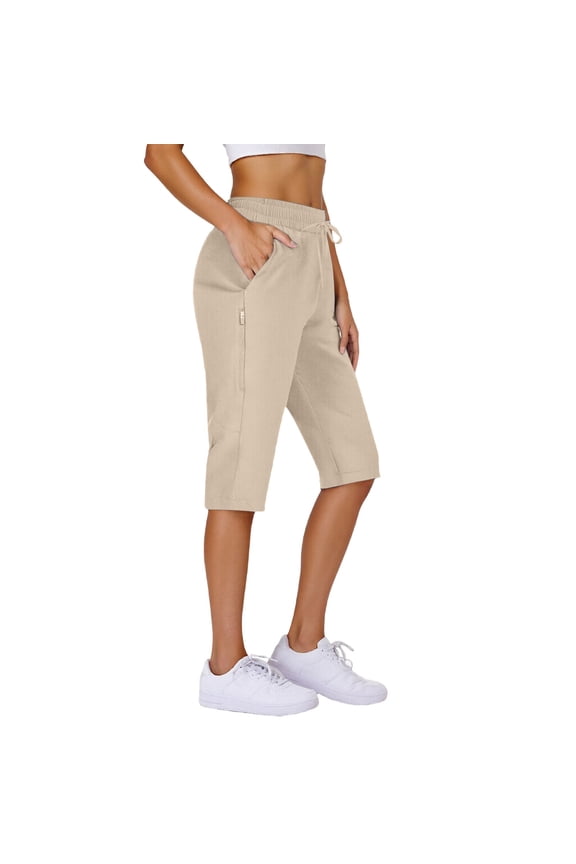 Womens Quick Dry Elastic Waist Hiking Overalls Drawstring Adjustable Capris Tummy Control Athletic-Fit Sweatpant Workout Running Yoga Capris with Pockets