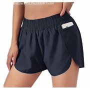 Womens Quick-Dry Running Shorts Sport Layer Elastic Waist Active Workout Shorts with Pockets