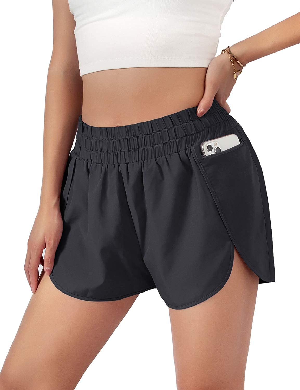 Womens Quick-Dry Running Shorts Sport Layer Elastic Waist Active Workout  Shorts with Pockets 