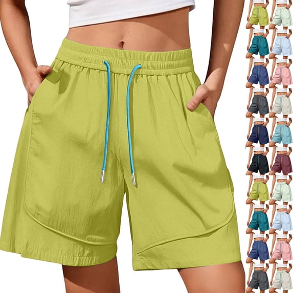 Womens Quick Dry Shorts High Waist Stretchy Straight Leg Bermuda Shorts with Pockets Casual Summer Athletic Lounge Pants Green M