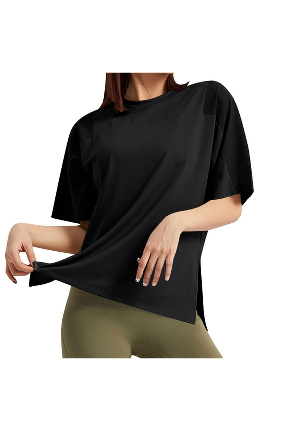 Womens Quick Dry T-Shirts, Athletic Workout Tops for Women Summer Casual Slimming Fit Solid Color Side Slit Crewneck Short Sleeve Shirts S-XL