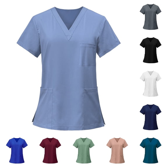 Womens Quick Drying Stretch Scrub Top Classic V Neck Short Sleeve Healthcare Workwear with Storage Pockets Blue M