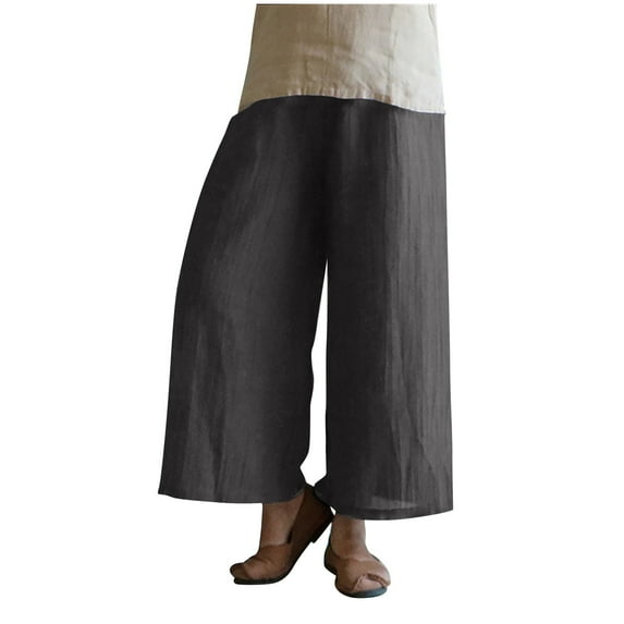 Womens Quick-dry Cotton Linen Baggy Pants Elastic Waist Pocketed Wide Leg Trousers Lightweight Comfy Beach Capris