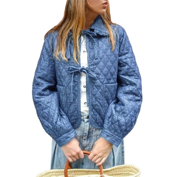 Womens Quilted Denim Puffer Jackets Tie Front Bow Cropped Puffy Jackets Fall Cute Short Jeans Coat L