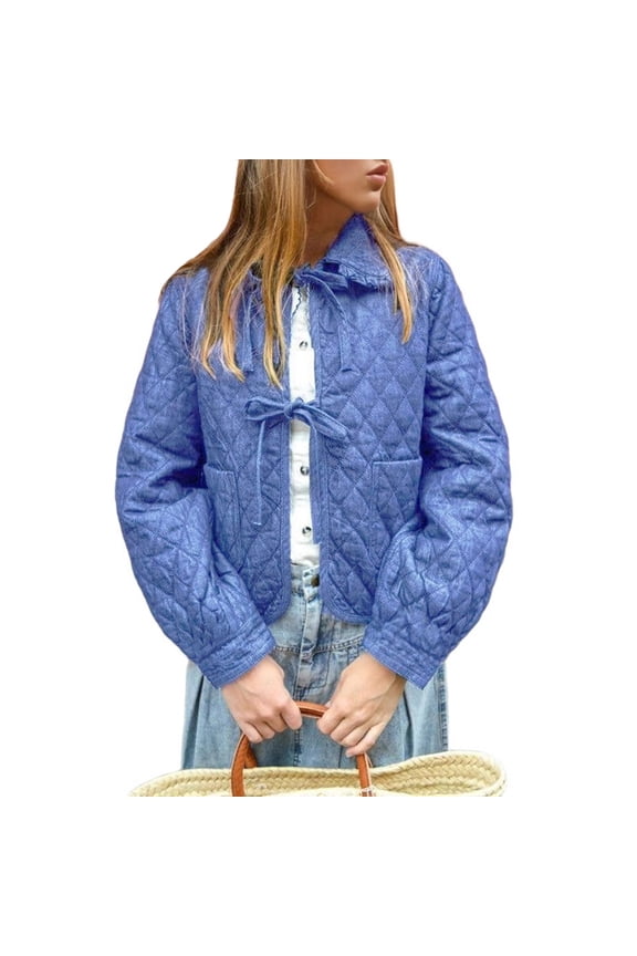 Womens Quilted Denim Puffer Jackets Tie Front Cropped Puffy Jackets Fall Cute Short Jeans Coat Royal Blue M