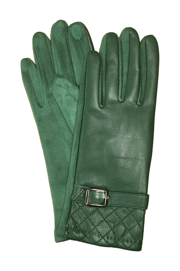 Womens Quilted Green Vegan Leather Stretch Fit Texting & Tech Touchscreen Gloves