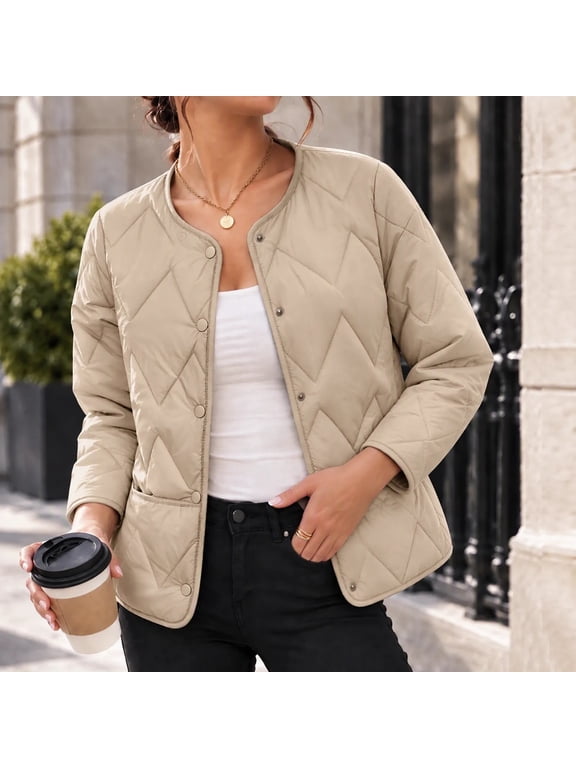 Womens Quilted Jacket Collarless Snap Button Down Long Sleeve Fall Winter Casual Puffer Coat Lightweight Warm Outerwear with Pockets