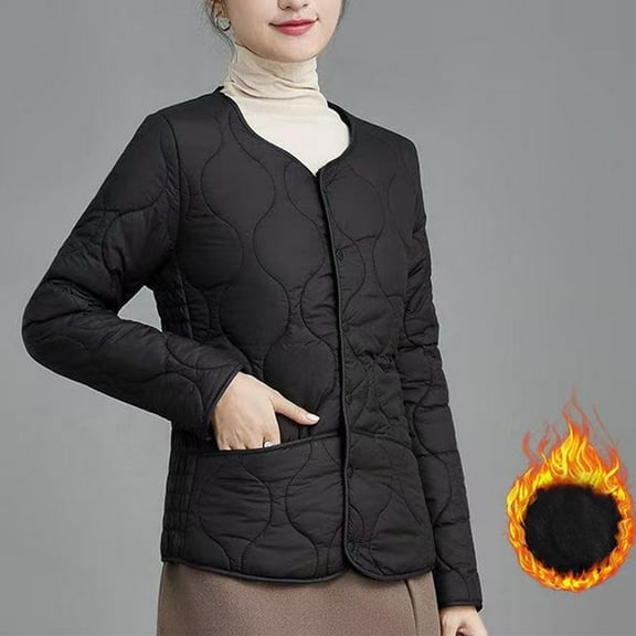 Womens Quilted Jacket, Fleece Lined Lightweight Coat with Pockets, Loose Fitting Button Snap Thermal Fall Winter Coats Black XXL
