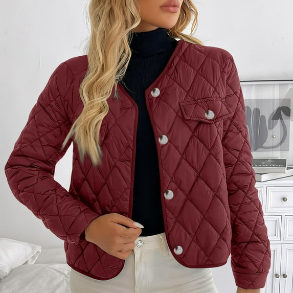 Womens Quilted Jacket Lightweight Button down Puffer Coats Winter Long Sleeve Outerwear with Pockets New Casual Jackets for Women Fall Red XL
