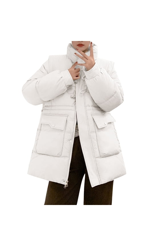 Womens Quilted Jacket Mid-Length Coat with Sailor Collar Toggle Closure, Drawstring Waist Winter Warm Outerwear with Patch Pockets