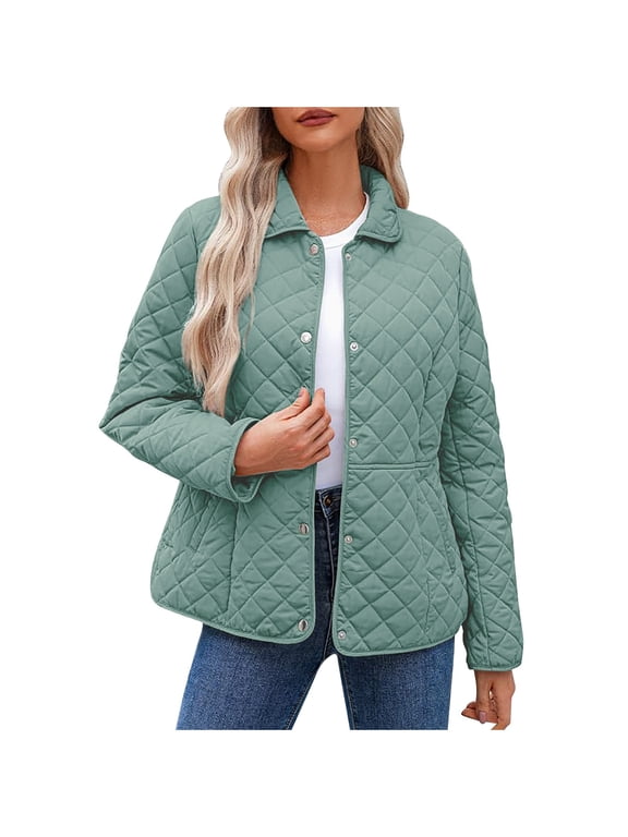 Womens Quilted Jacket Plus Size Button down Puffer Coats Winter Warm down Diamond Outerwear Lapel Collar Casual Loose Jackets with Pockets