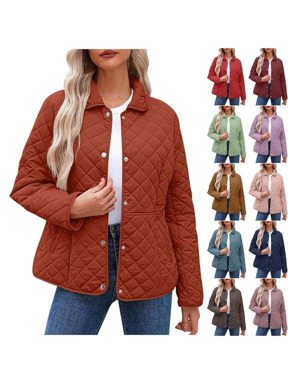 Womens Quilted Jacket Plus Size Button down Puffer Coats Winter Warm down Diamond Outerwear Lapel Collar Casual Loose Jackets with Pockets