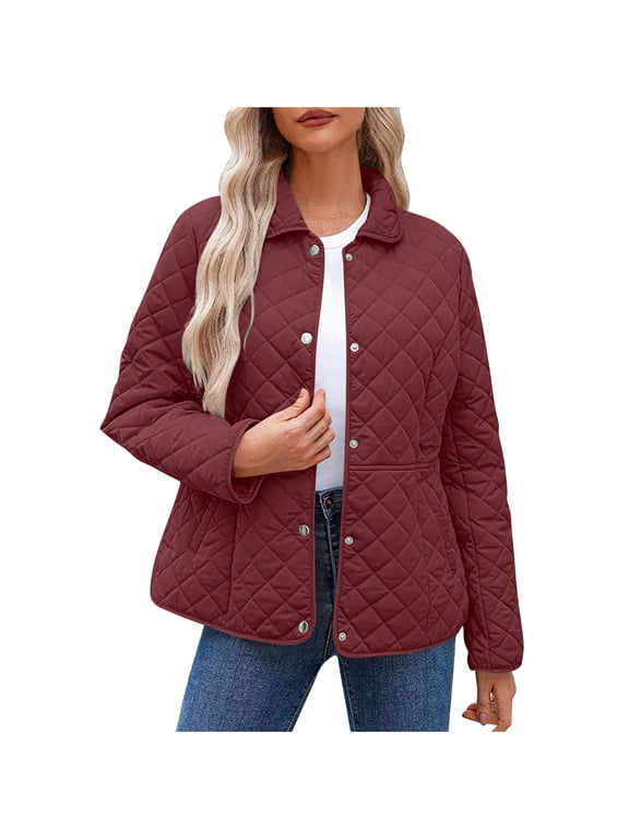 Womens Quilted Jacket Plus Size Button down Puffer Coats Winter Warm down Diamond Outerwear Lapel Collar Casual Loose Jackets with Pockets