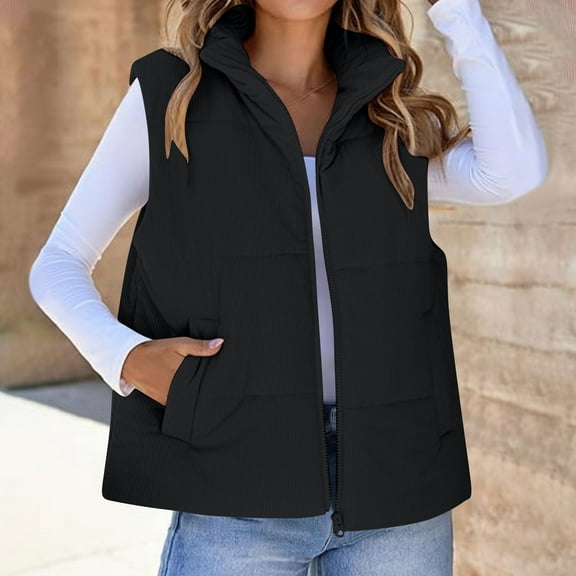 Womens Quilted Jacket Sleeveless Lightweight Zip Up Stand Collar Puffer Vest Winter Warm Casual Outdoor Outwear with Pockets