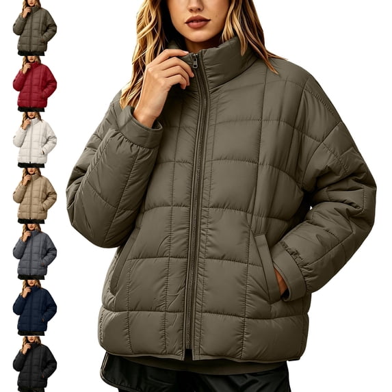 Womens Quilted Jackets Fall Winter Puffer Jacket Stand Collar Zip Up Lightweight Casual Coats With Pockets
