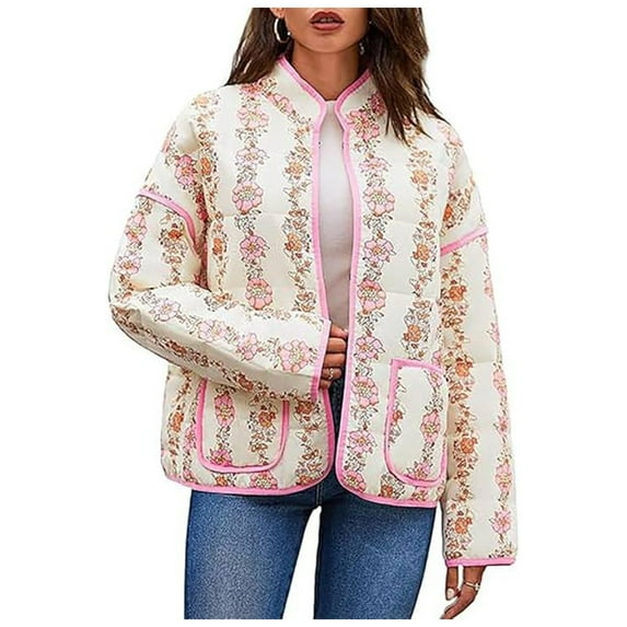 Womens Quilted Jackets For Women Cropped Jacket Vintage Floral Print Open Front Lightweight Short Jacket Outwear